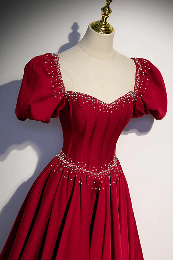Wholesale Red Satin Long Prom Dress Cute Short Sleeve Evening Graduation Dress